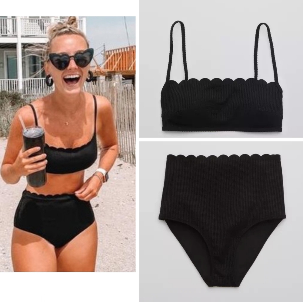 Black Scallop-Edge High-Waist Bikini Set